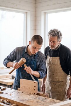 Senior carpenter supervising a young apprentice carving wood with a chisel and mallet in a traditional workshop