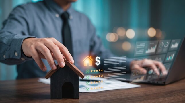 Mortgage advisor evaluates property valuation and risk assessment checklists to approve home loans, guiding confident buyers through financial planning and strategic housing investment.