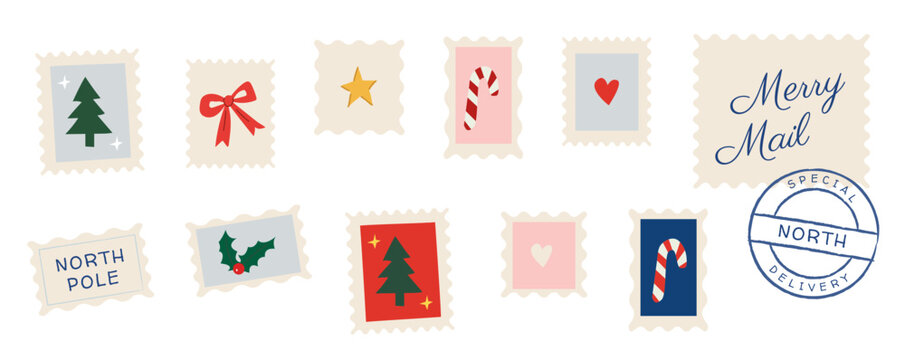 Hand drawn Christmas postage stamp set holiday vector clipart. Flat cottagecore naive illustration of postmarks with tree, bow, candy cane, holly and heart for snail mail packaging.