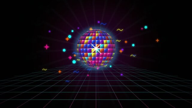 Colorful glowing disco ball above a retro eighties synthwave grid on a dark background 4K