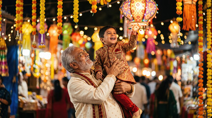Obraz na płótnie Canvas happy indian grandfather and grandson celebrating diwali festival together at home