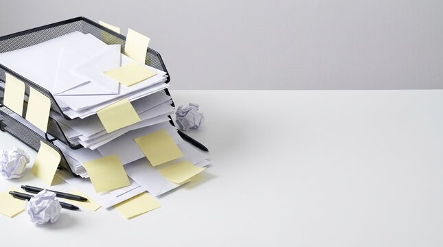 Overflowing inbox tray and sticky notes on messy desk with copy space