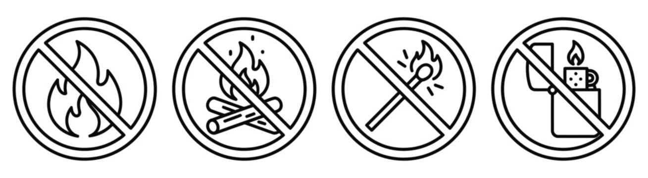 Prohibition signs with fire flame log match and lighter icons in outlined style for safety warnings.