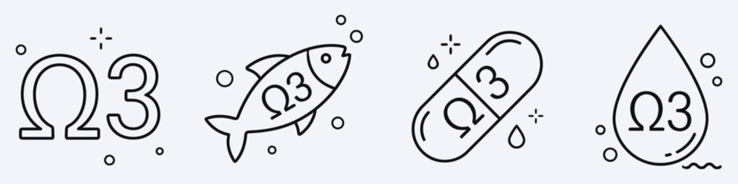 Omega three nutritional symbols with fish oil capsule and water drop icons in minimalist line style.