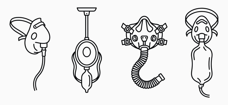 Respiratory support medical masks and oxygen equipment icons in professional outlined vector format.