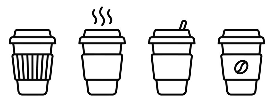 Takeaway coffee cup icons with sleeve lid and hot steam variations in minimal outline line style.