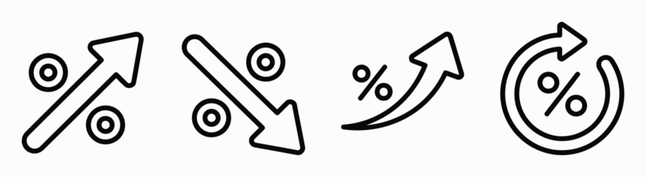 Percentage signs with arrows and circle symbols in black line art for financial growth analysis tasks.