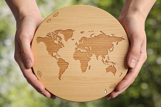 Hands hold a circular wooden disc carved with a relief world map and leaf and water drop icons symbolizing sustainable business