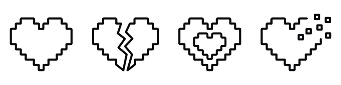 Pixel art heart icons in black outline style for digital gaming health bar and romantic design uses.