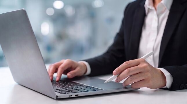 corporate productivity and enterprise workflow management. business professional typing on laptop keyboard. modern office workstation backdrop.

