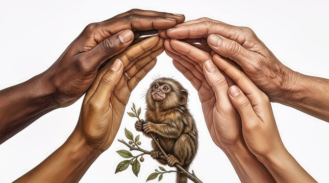 Hands Forming a Shelter Around a Small Monkey on a Branch