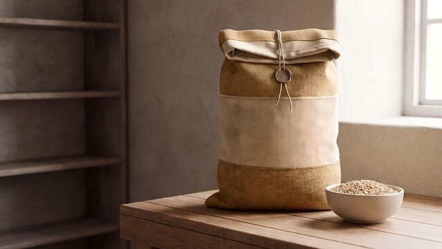 Burlap grain sack with a blank label panel and twine closure with a round seal on a wooden table beside a bowl of grain, supporting food packaging mockups and pantry storage