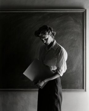 1940s codebreaker closing folder beside blank chalkboard in quiet room with ambient
