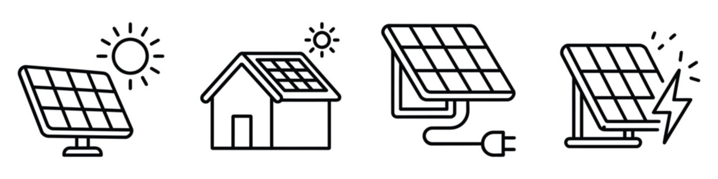 Solar energy icons showing panels and sun power systems for sustainable electricity design projects.