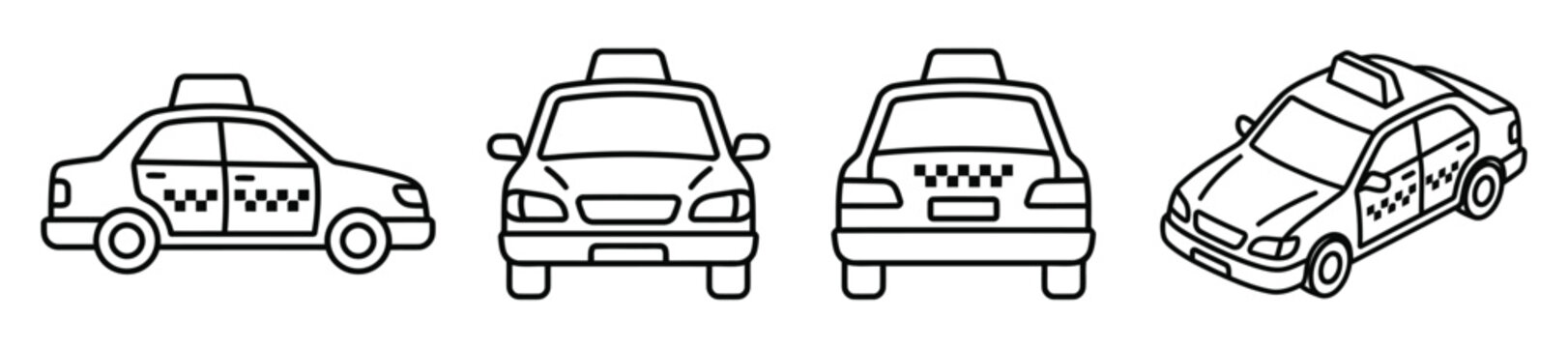 Taxi car icons in various views showing side front back and isometric angles for transport graphic.