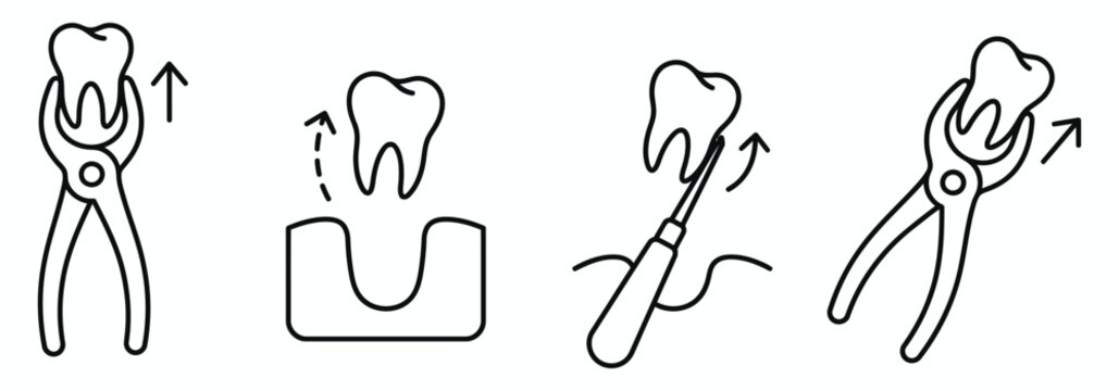 Dental extraction icons collection with tooth removal tools for oral surgery and clinic procedures.