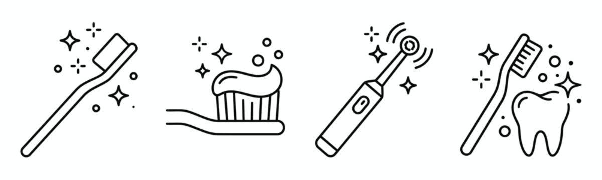 Oral hygiene icons set featuring toothbrush toothpaste and electric brush for daily dental care.