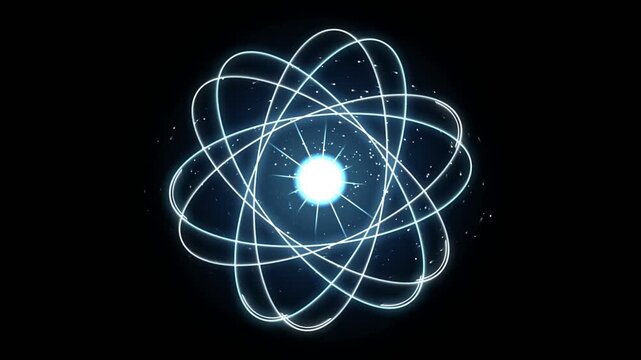 Glowing blue atom model with rotating light rings and particles on a dark background 4K
