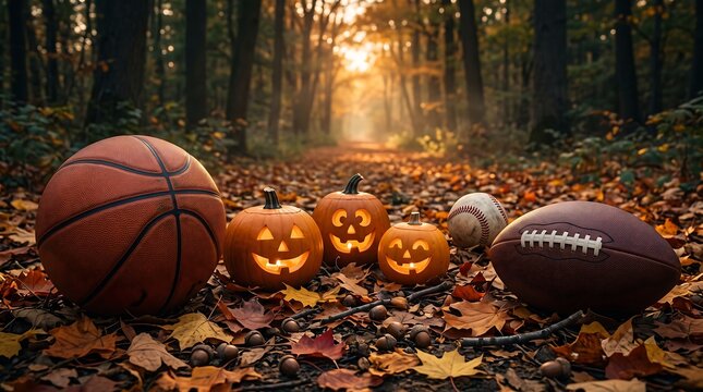 Title: Autumn Sports Equipment With Glowing Halloween Pumpkins