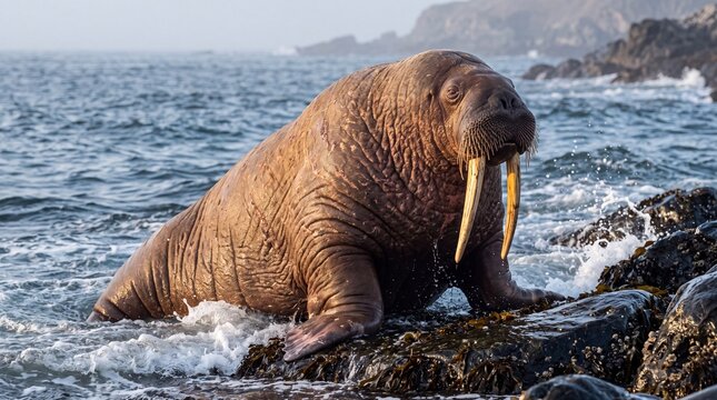 massive male walrus (odobenus rosmarus) resting on wet coastal rocks by breaking ocean waves