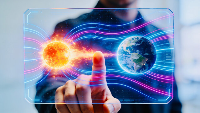 Solar storm and magnetic field affecting Earth, space weather forecast concept