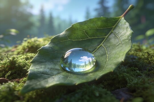 A green leaf holds a still dew droplet reflecting a miniature sky and soft forest on a bed of moss symbolizing environmental balance