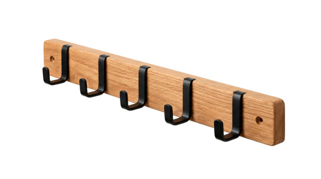 Hook rack, wall-mounted hanger rail with slim wooden backplate and evenly spaced integrated metal hooks, photorealistic product photography, three-quarter view, tack-sharp focus, ultra-detailed 8K, on