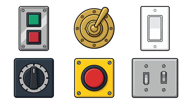 Collection of industrial control elements including toggle switches push buttons and rotary dials in vector style