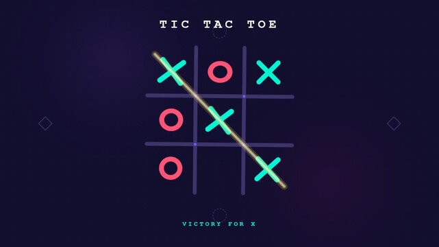 Animated tic tac toe game board showing a winning move for x with neon symbols against a dark digital background