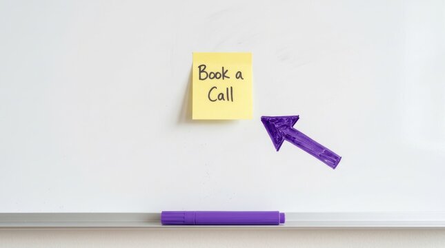Yellow adhesive note with book a call text and purple felt tip arrow drawn on a white board for professional business communicatio