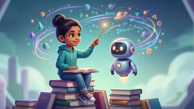 Child Learning With a Friendly Robot &ndash; AI Education Concept.
