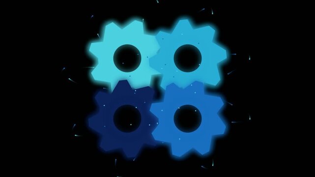 Four blue glowing gear wheels connected together on a dark black background 4K