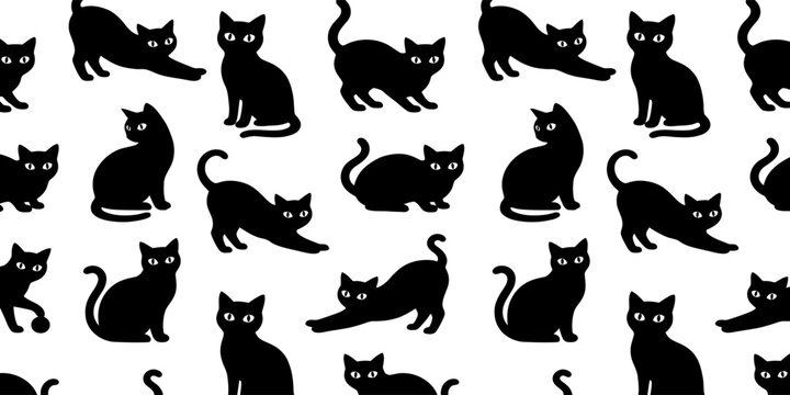 Seamless black cat pattern with curious felines sitting and stretching isolated on white background, ideal for Halloween textile print, pet wallpaper, and cute fabric designs.