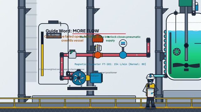 Animated explanation of HAZOP study and process safety engineering showing chemical plant hazard analysis systemic risk audit and safety barriers