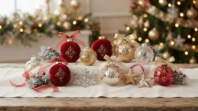 Collection of decorative christmas ornaments on a rustic table with lights