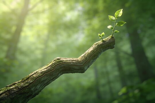A young tree trunk with a growth line pattern in its bark rises like an ascending graph with budding leaves symbolizing sustainable growth