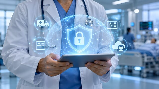 Doctor Holding Tablet with Transparent Cyber Protection Layer for Secure Healthcare Data Systems