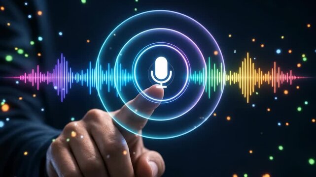Finger touching glowing microphone icon on dynamic audio spectrum sound frequency waveform