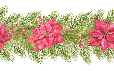 Christmas watercolor border with large red poinsettias, pine needles and red berry clusters arranged along evergreen branches. Suitable for Christmas cards, New Year greetings and gift wrapping. © Evgeniia