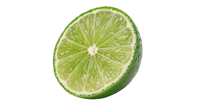 Fresh ripe green lime citrus fruit cut in half showing pulp isolated on transparent background
