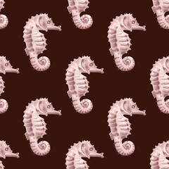Hand painted watercolor illustration seahorse animal dragon, horse fish, blush pink seamless pattern. Burgundy backgrounds tropical. Artistic marine, coastal decor, design, stationery creative © Nataliia