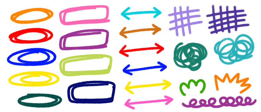 Colorful hand drawn doodle shape and arrow set featuring oval outlines rounded rectangle frames double headed arrows crosshatch grids looping scribbles and zigzag marks in bold strokes