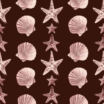 Marine seamless pattern starfish, seashell, shell, mollusk, animals. Watercolor illustration hand painted. Fabric, wrapping, wallpaper print decor. Underwater tropical reef on burgundy background.