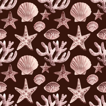 Marine seamless pattern starfish, corals, plants, seashell, mollusk animals. Watercolor Hand painted illustration Underwater tropical reef on burgundy background. Fabric wrapping wallpaper print decor