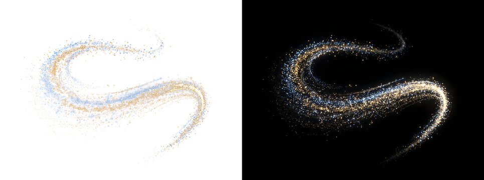 Glitter swirl trail of sparkling golden and silver blue particles curving through the air for festive and magical designs in PNG, Transparent and Black Background Versions