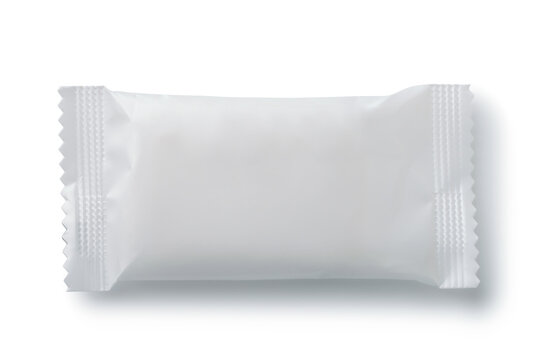 Top view of blank white plastic sachet