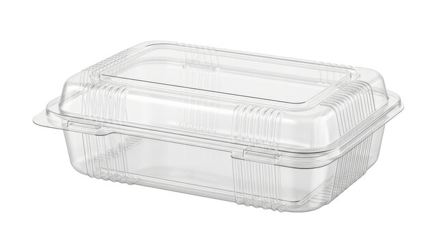 Blank clear plastic clamshell food container with hinged lid, transparent rigid walls and clean takeaway packaging mockup design, photorealistic product photography, front three-quarter view,