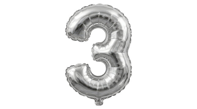 Silver number three foil balloon, photorealistic metallic party balloon shaped as the numeral 3, highly reflective crinkled foil surface and inflated rounded edges. Straight-on front view, sharp