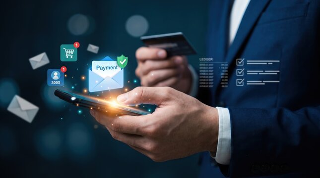 E-commerce manager reviews secure payment email notifications and online transaction alerts on a smartphone, managing digital banking, cashless mobile commerce, and financial cybersecurity.
