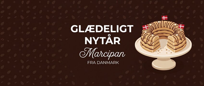 Danish Kransekage marzipan ring cake banner featuring happy new year text in Danish with Denmark flags for festive celebration background traditional Scandinavian dessert illustration copy space vecto